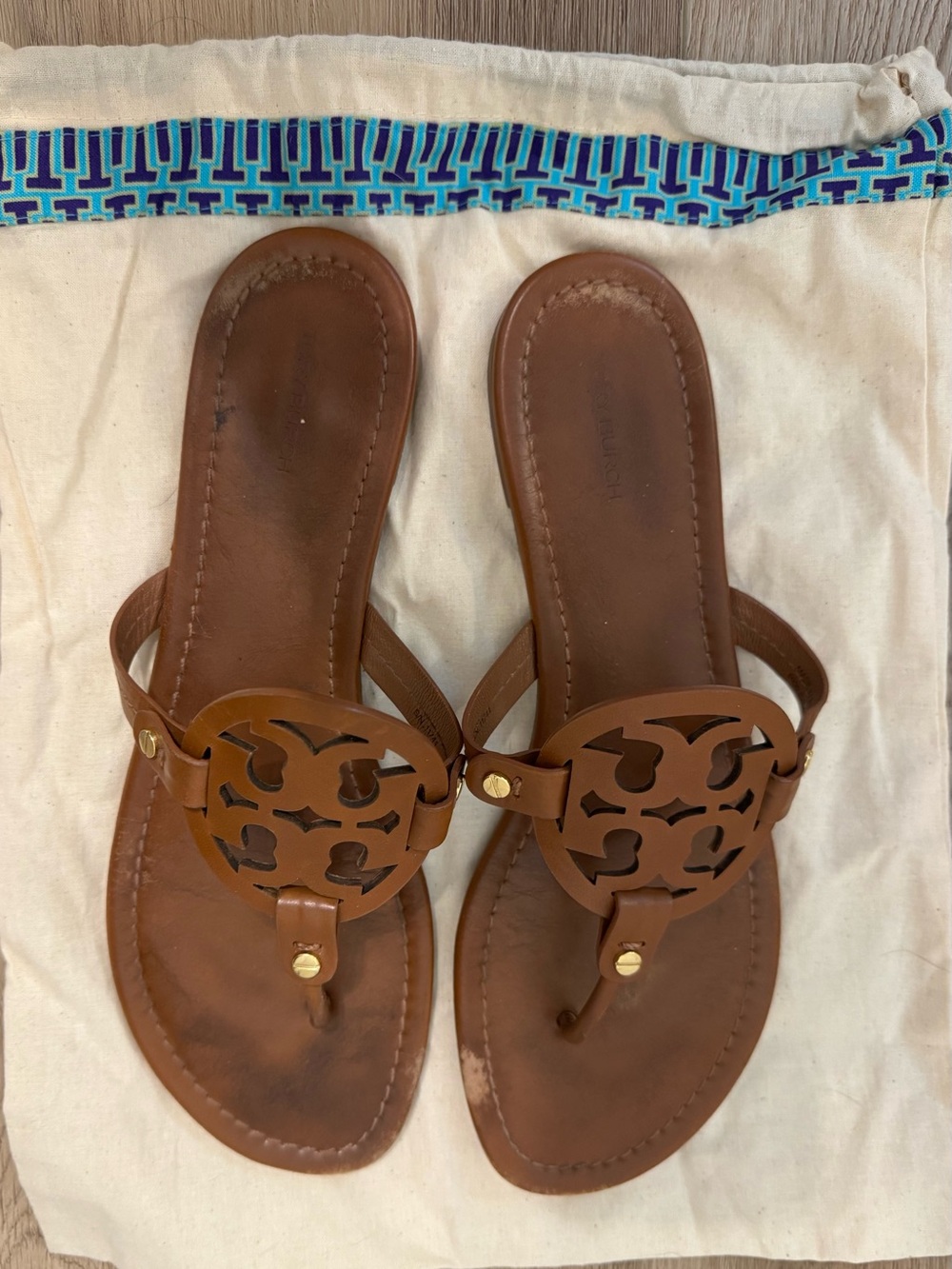 Tory Burch Brown Leather Logo Cutout Toe-Post Sandals
